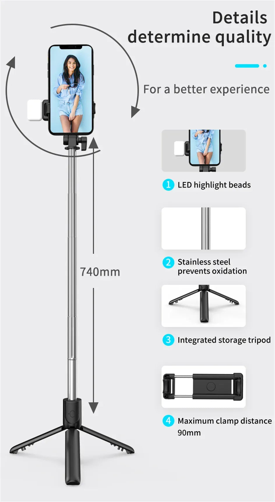R1s Bluetooth Selfie Sticks with Remote and Selfie Light 3-in-1